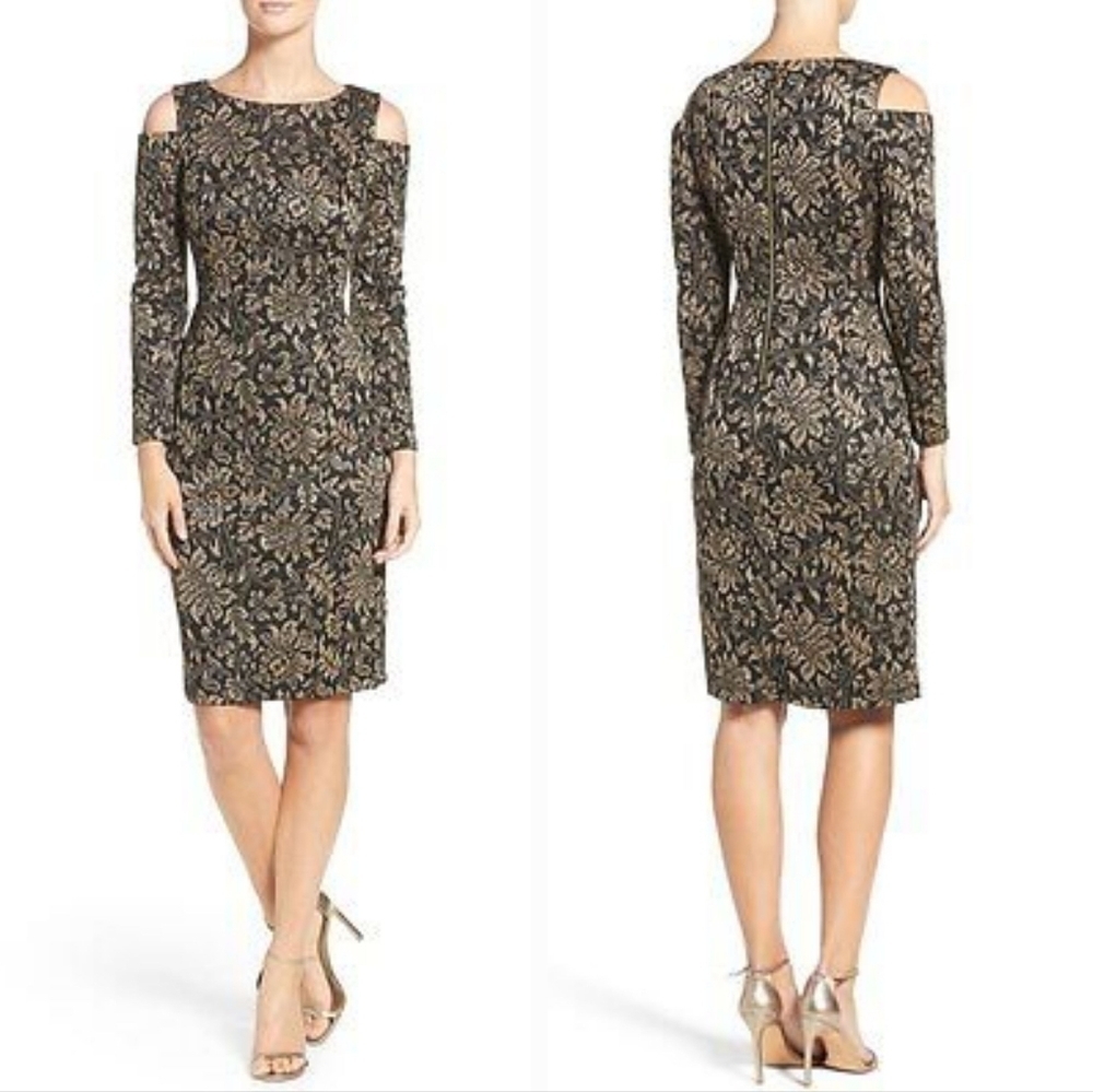 Eliza J. Floral Gold Metallic Cold Shoulder Long Sleeve Dress